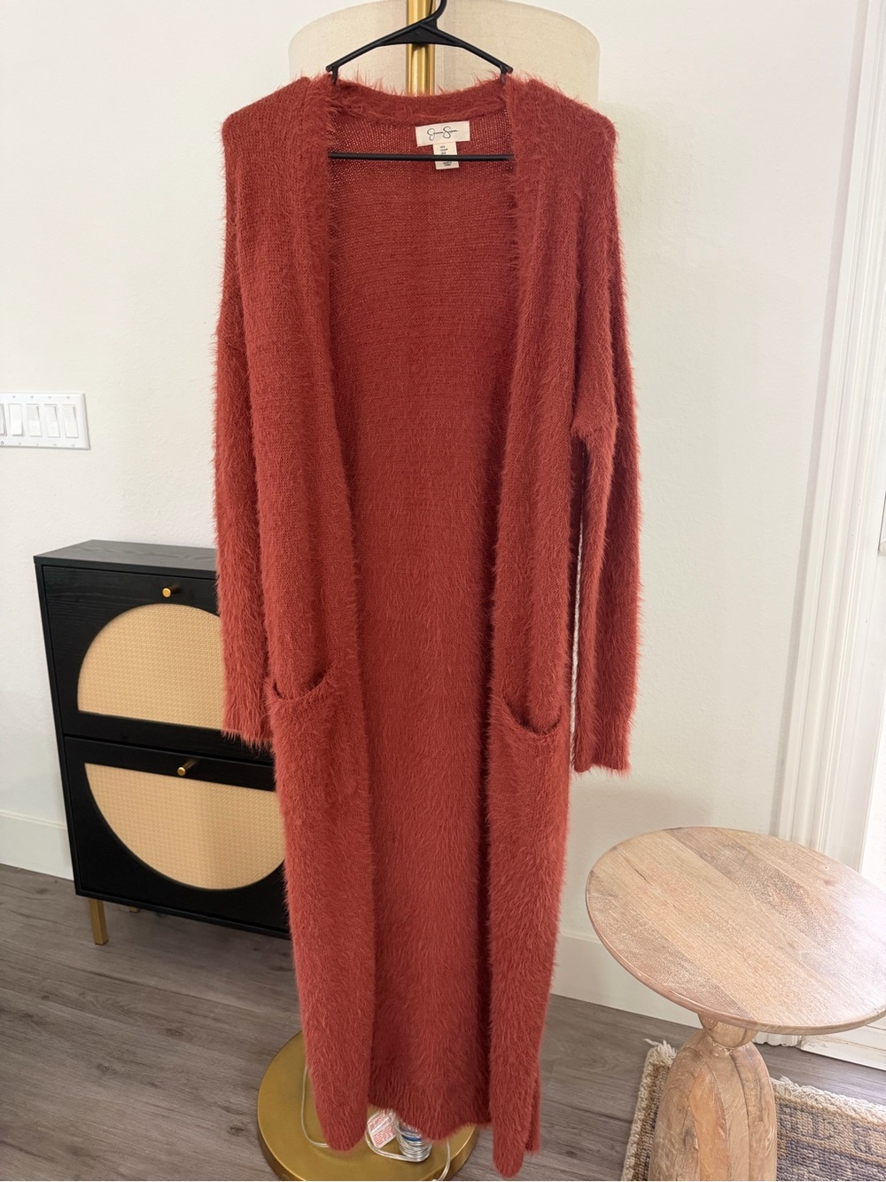 Jessica Simpson Fuzzy Open-Front Cardigan in Burnt Orange